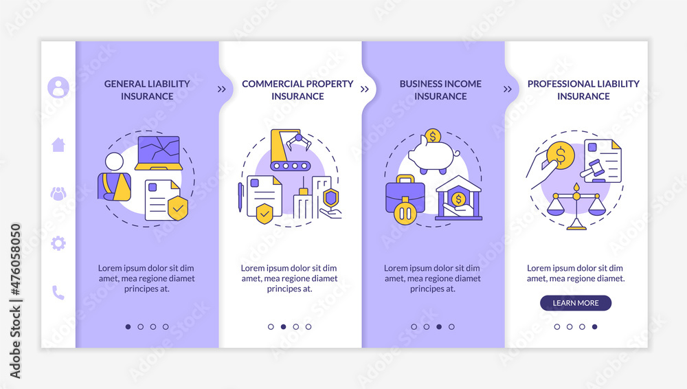 Poster coverage types purple and white onboarding template. insurance. responsive mobile website with linea