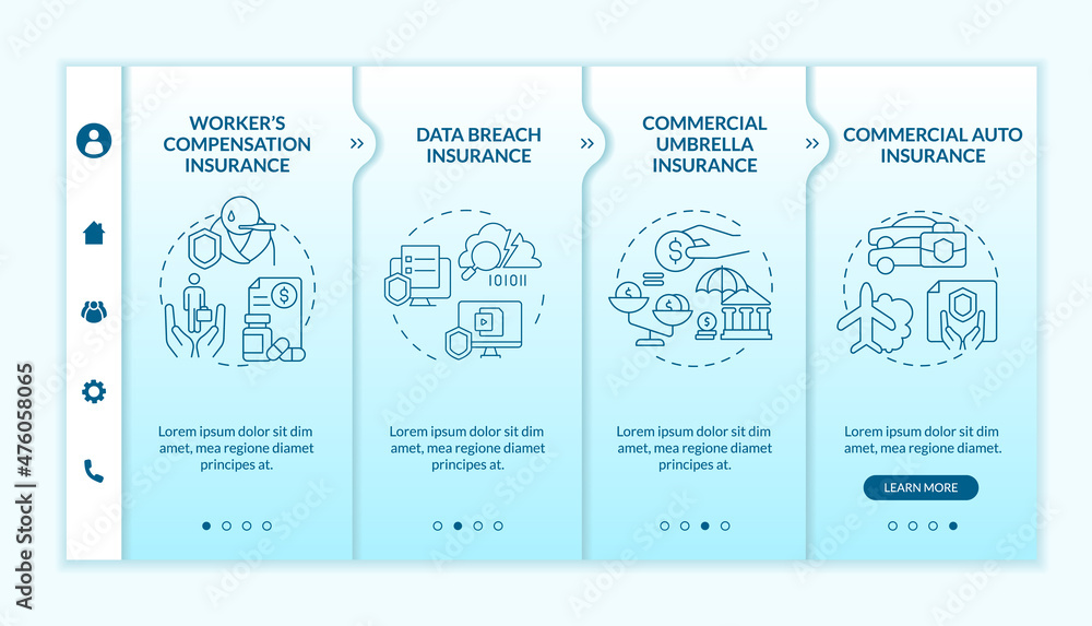 Poster insurance types turquoise gradient onboarding template. liability claim. responsive mobile website w