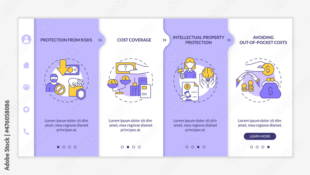 Poster corporate insurance importance purple and white onboarding template. coverage. responsive mobile web