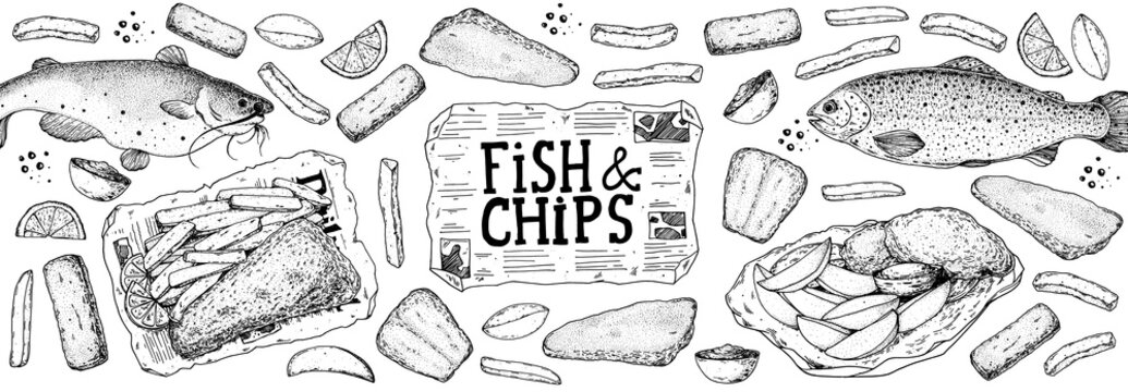 Fish and chips sketch vector illustration. British pub food. Hand drawn sketch. Cooking fish and chips. Engraved hand drawn vintage image. Menu design template.