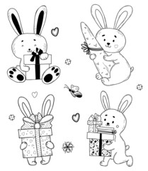 Set of Cute holiday bunnies with gifts in box with bow and carrot. Vector illustration. Isolated elements in style of hand drawn linear doodles. animal for design, decor, greeting cards and valentines