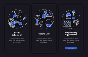 Bodybuilding nutrition night mode onboarding mobile app screen. Sports walkthrough 3 steps graphic instructions pages with linear concepts. UI, UX, GUI template. Myriad Pro-Bold, Regular fonts used