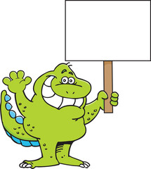 Cartoon illustration of a smiling dinosaur waving while holding a large sign.