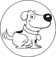 Black and white illustration of a happy smiling dog with a dog collar.