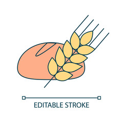 Bread loaf and spikelet RGB color icon. Wholemeal bakery. Organic food product. Healthy meal. Isolated vector illustration. Simple filled line drawing. Editable stroke. Arial font used