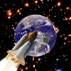 Naklejka premium Earth and rocket in space. The elements of this image furnished by NASA.