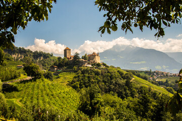 View of the Tirol Castle Castel Tirolo, in Merano, Meran, Trentino Alto Adige Südtirol, Italy, Europe - obrazy, fototapety, plakaty