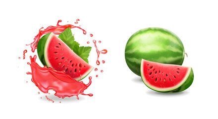 Watermelon 3d realistic , fruit in watermelon transparent red juice splash vector - obrazy, fototapety, plakaty