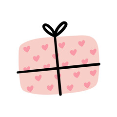 Cartoon gift box with hand drawn doodle elements. Vector scandinavian flat illustration