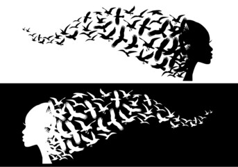 Black woman silhouette with flying birds, vector illustration