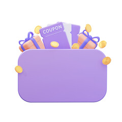 A coupon with a gift in the form of coins and a purple empty board. Isolated on a white background. 3D rendering. - obrazy, fototapety, plakaty