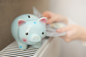 Pig piggy bank and dollar bills on a radiator indoors close-up. Heating concept.
