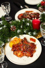 Fototapeta na wymiar Dinner table Christmas dishes: fish, chicken, meat.