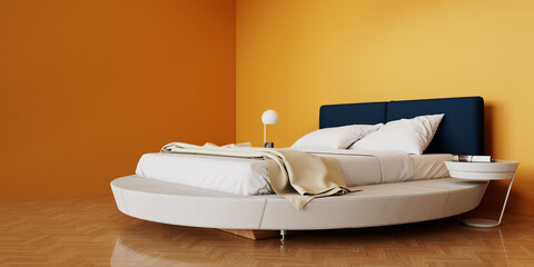 Fototapeta na wymiar Modernes Schlafzimmer mit Bett und orangen Wänden