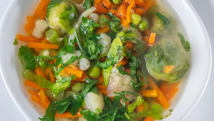 Fresh vegetable soup made of green bean, pea, carrot, potato, red bell pepper, tomato and leek in bowl.