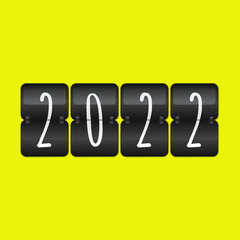 2022 Happy New Year scoreboard vector illustration. Decorative black and white flip symbol on yellow background. Infographic sign for web design, celebration, decoration