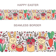 Happy Easter doodle line art elements. Rabbit, bunny, christian cross, cake, cupcake, chicken, egg, hen, flower, carrot, sun. Isolated on white background. Seamless border, banner.