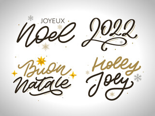 Merry Christmas New Year 2022 Lettering Calligraphy Design Set. Vector illustration
