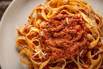 Close-up BOLOGNESE SAUCE with pasta tagliatelle © SerPhoto