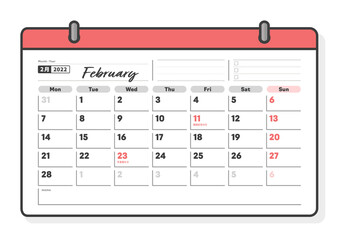 2022年2月のカレンダー：月曜始まりのマンスリーカレンダー - フリースペース・to-doリスト付