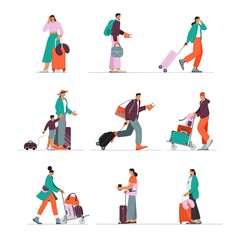 Fototapeta na wymiar Set of scenes with people at the airport, walking with baggage, checking in, waiting for the flight, printing boarding pass. Vector illustration