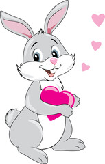 Smiling rabbit with a pink heart in his hands