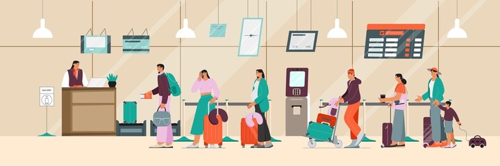 Baggage drop off at the airport terminal, queue of passengers (young men and women, pregnant woman, woman with a child), chek in desk and flight registration. Flat vector illustration.