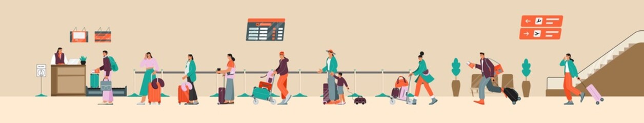 Baggage drop off at the airport terminal, queue of passengers (young men and women, pregnant woman, woman with a child, running man), chek in desk and flight registration. Flat vector illustration.