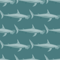 Hammerhead shark seamless pattern in scandinavian style. Marine animals background. Vector illustration for children funny textile.