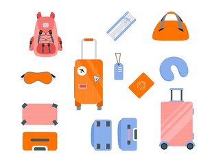Set of travel accessories (suticases, mask, pillow, bags, passport). Baggage collection for travel and tourism concept. Vector illustration.