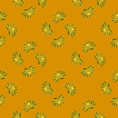 Seamless pattern with hand drawing lotus on yellow background. Vector floral template in doodle style. Gentle summer botanical texture.