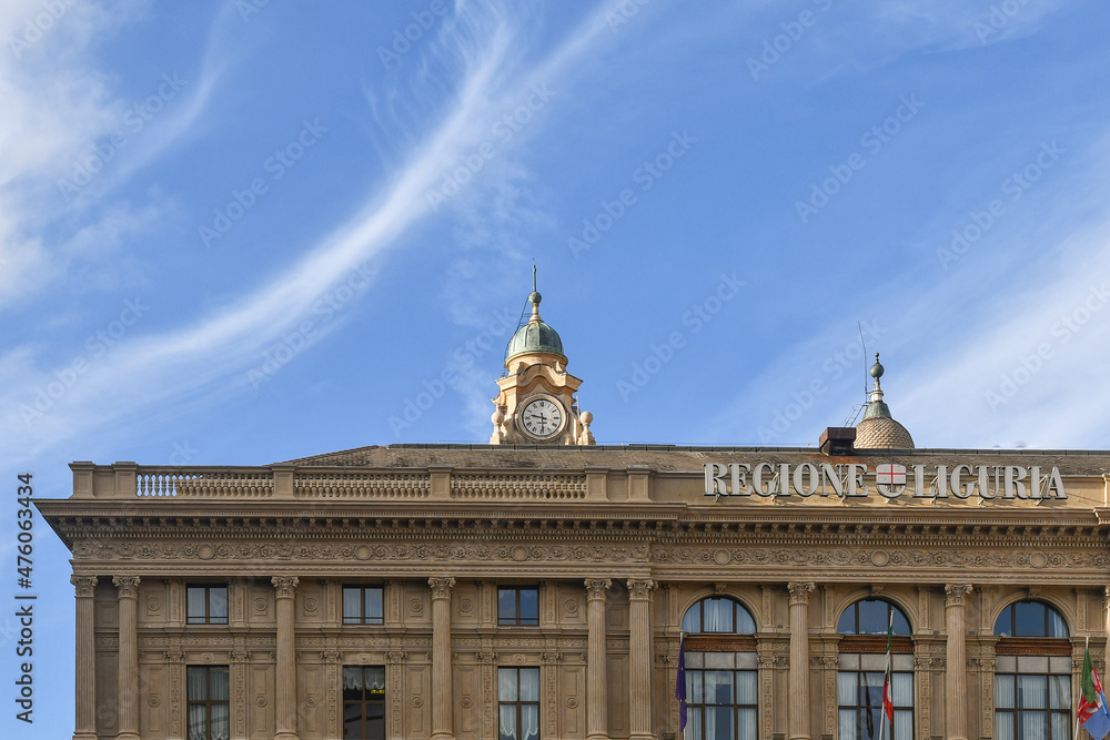 Canvas Prints Top of the Liguria Region Palace with the bell tower of the Church of Jesus in the background in the historic centre, Genoa, Liguria, Italy