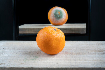 Fresh and ripe orange fruit on table against mirror reflection with rotten bad side. 