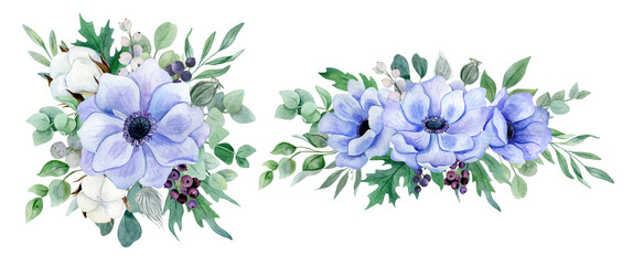 watercolor bouquets with purple flowers