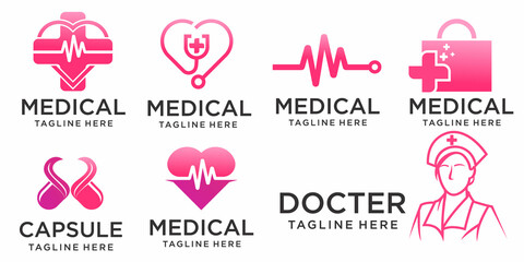 medical icon set logo design template with nurse, love , pills and Stethoscope