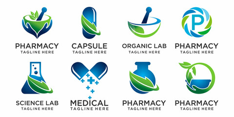 Pharmacy ,medical icons set Logo Template with Images of bottles, capsule and Leaves