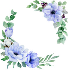 watercolor wreath with purple flowers and cotton