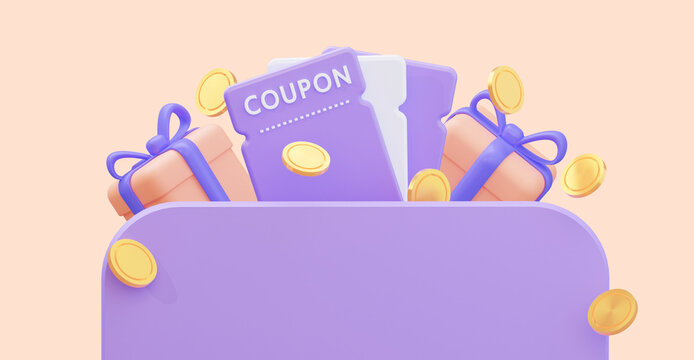 Gift coupons, coins with gifts and an empty space for text. 3D rendering