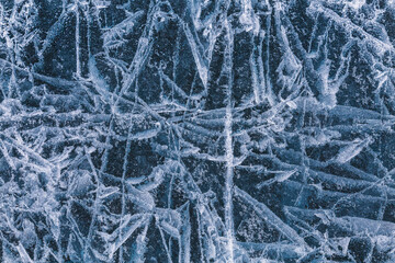 Fabulous patterns on the blue ice of Lake Baikal. Irkutsk Region, Eastern Siberia, Russia. Close up
