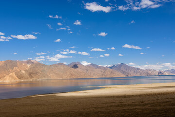 Mountains and Pangong tso (Lake). It is huge lake in Ladakh, shared by China and India along India China LOC border long and extends from India to Tibet. Leh, Ladakh, Jammu and Kashmir, India