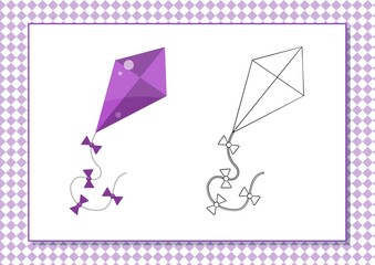 Printable worksheet. Coloring book. Cute cartoon kite. Vector illustration. Horizontal A4 page Color violet.