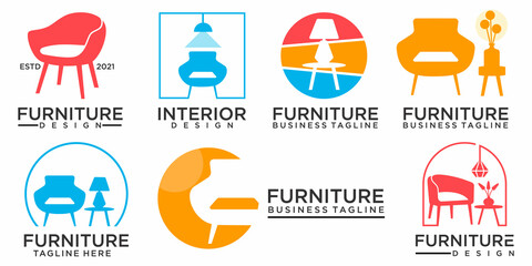 Colorful furniture logo. Symbol and icon set of chairs, sofas, tables, and home furnishings.