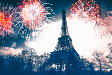 Colorful fireworks in Paris, Eiffel tower.