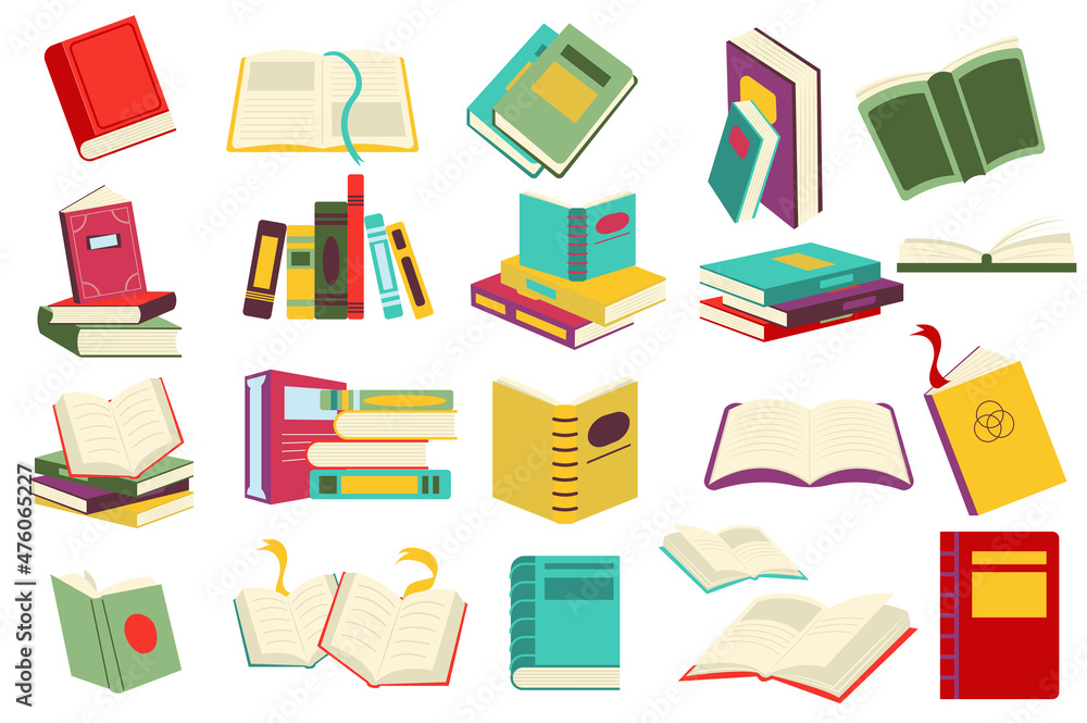Aufkleber Reading book set in flat cartoon design. Stacks of books at bookstore or library. Student or reader bookshelf pack. Literature of different genres collection isolated elements. Vector illustration