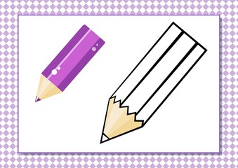 Printable worksheet. Coloring book. Cute cartoon pencil. Vector illustration. Horizontal A4 page Color violet.
