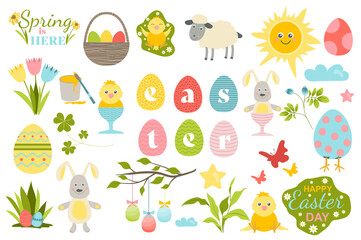 Happy Easter collection in flat design. Festive bright eggs, cute rabbits and chicks, spring flowers set. Celebrating holiday with gifts isolated elements. Vector illustration. Hand drawn style.