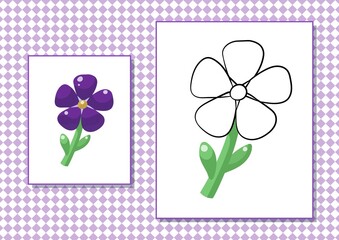Printable worksheet. Coloring book. Cute cartoon flower. Vector illustration. Horizontal A4 page Color violet.