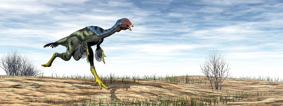 Caudipteryx dinosaur in the desert - 3D render