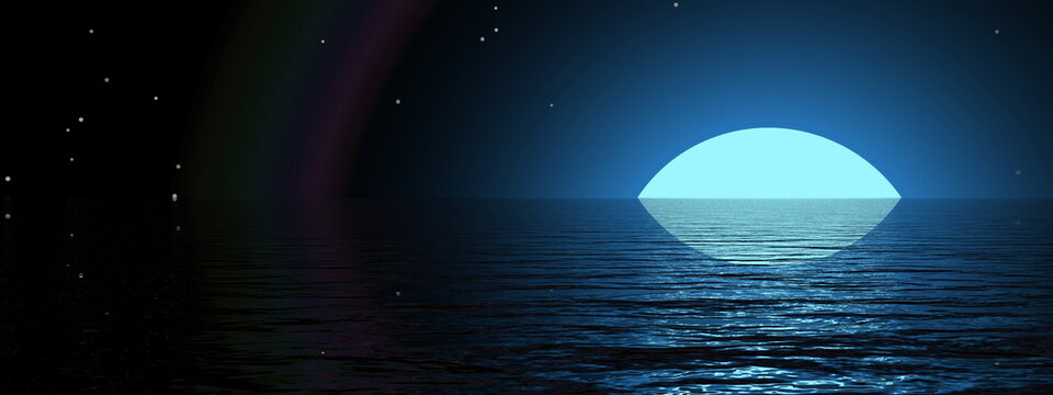 Beautiful moon over the water - 3D render
