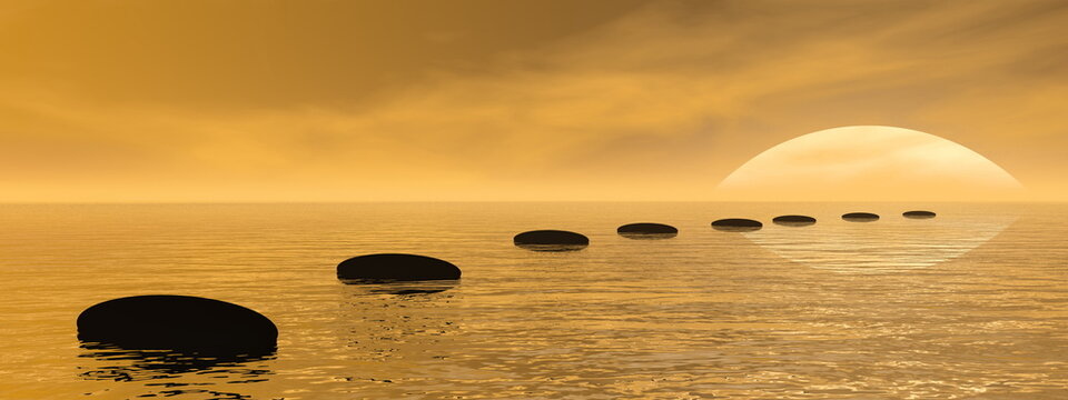 Zen path of black stones by sunset - 3D render